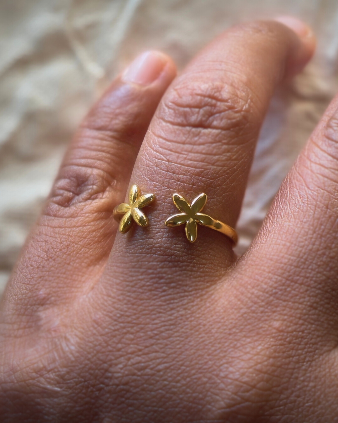 Delicate double flower gold ring perfect for stacking and layering