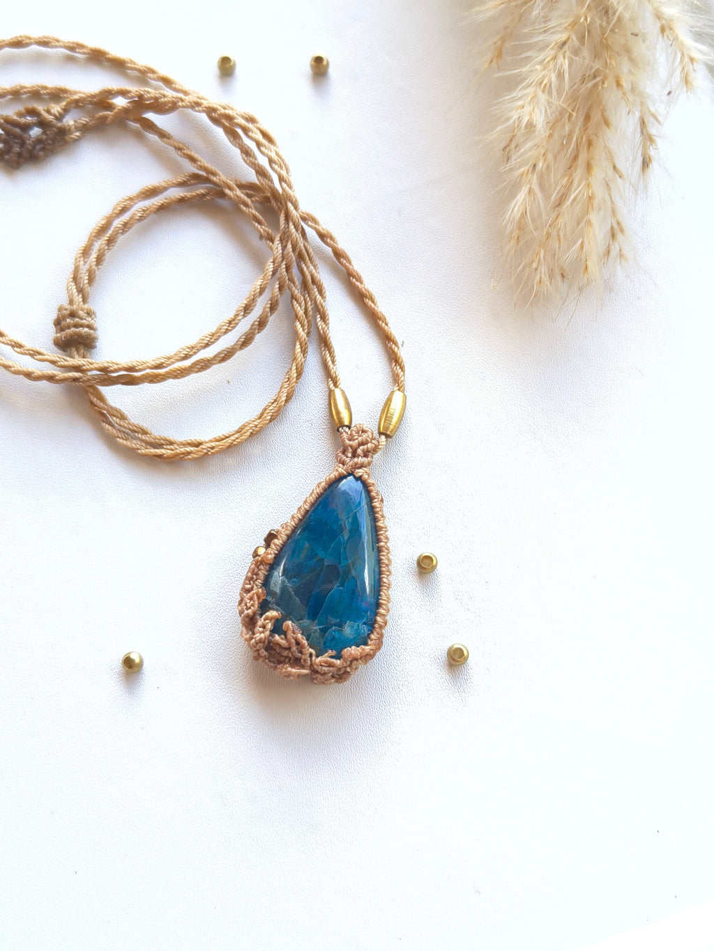 Apatite pendant necklace with adjustable brass-capped cord wearable everyday jewelry 