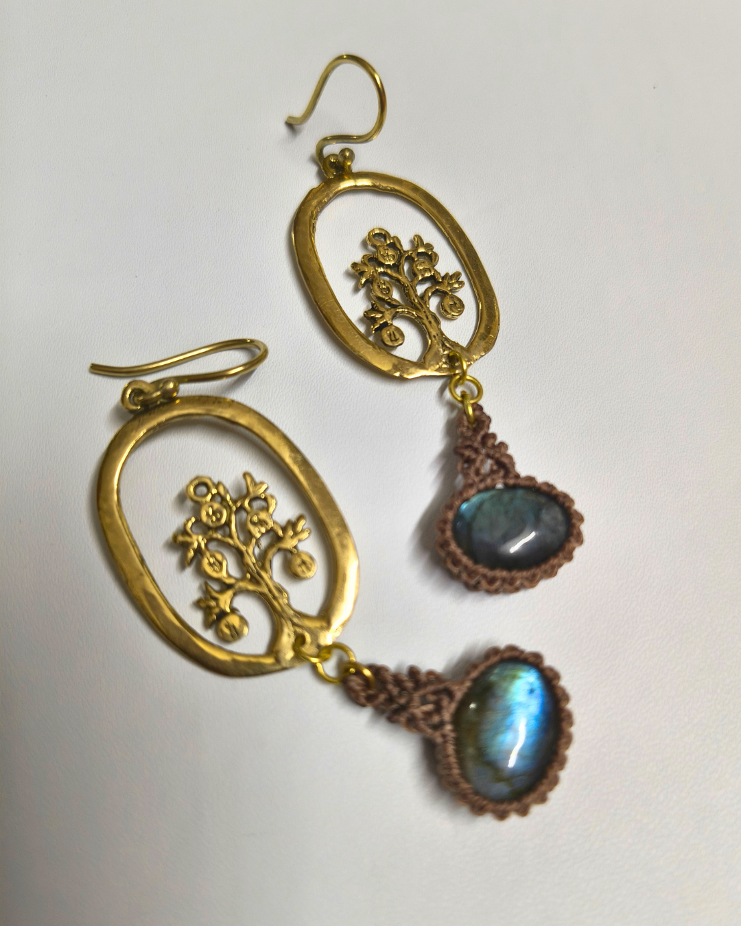 Boho chic handmade brass dangle earrings featuring glowing labradorite gemstones and macramé work