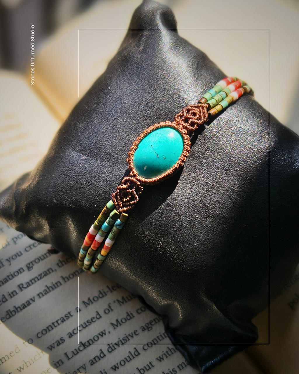Natural turquoise gemstone bracelet with waxed thread macrame design.