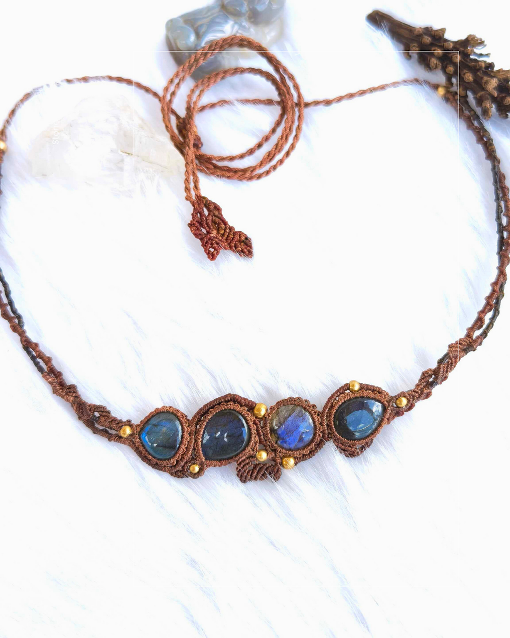 Blue labradorite macrame necklace with brown waxed adjustable chord