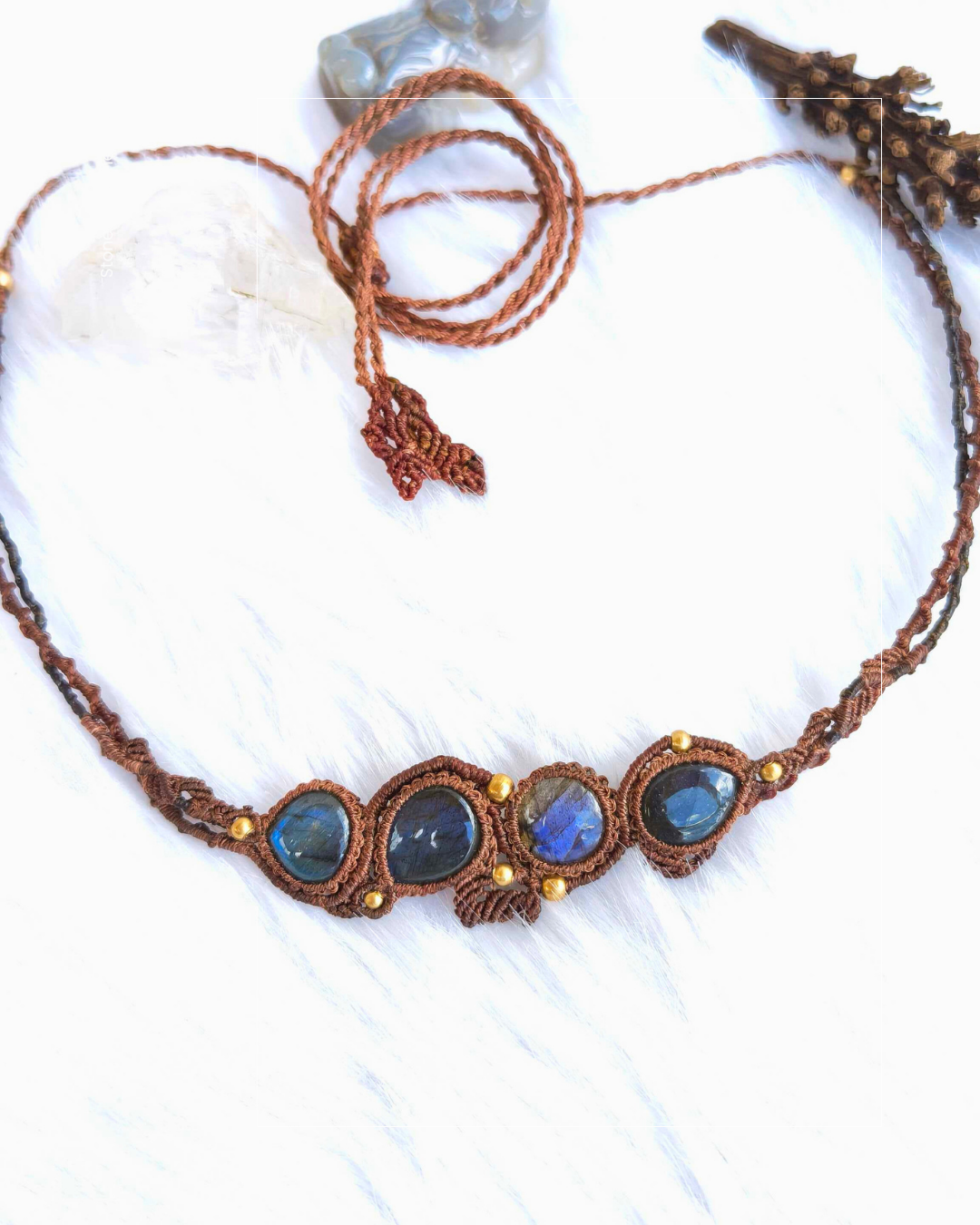 Blue labradorite macrame necklace with brown waxed adjustable chord