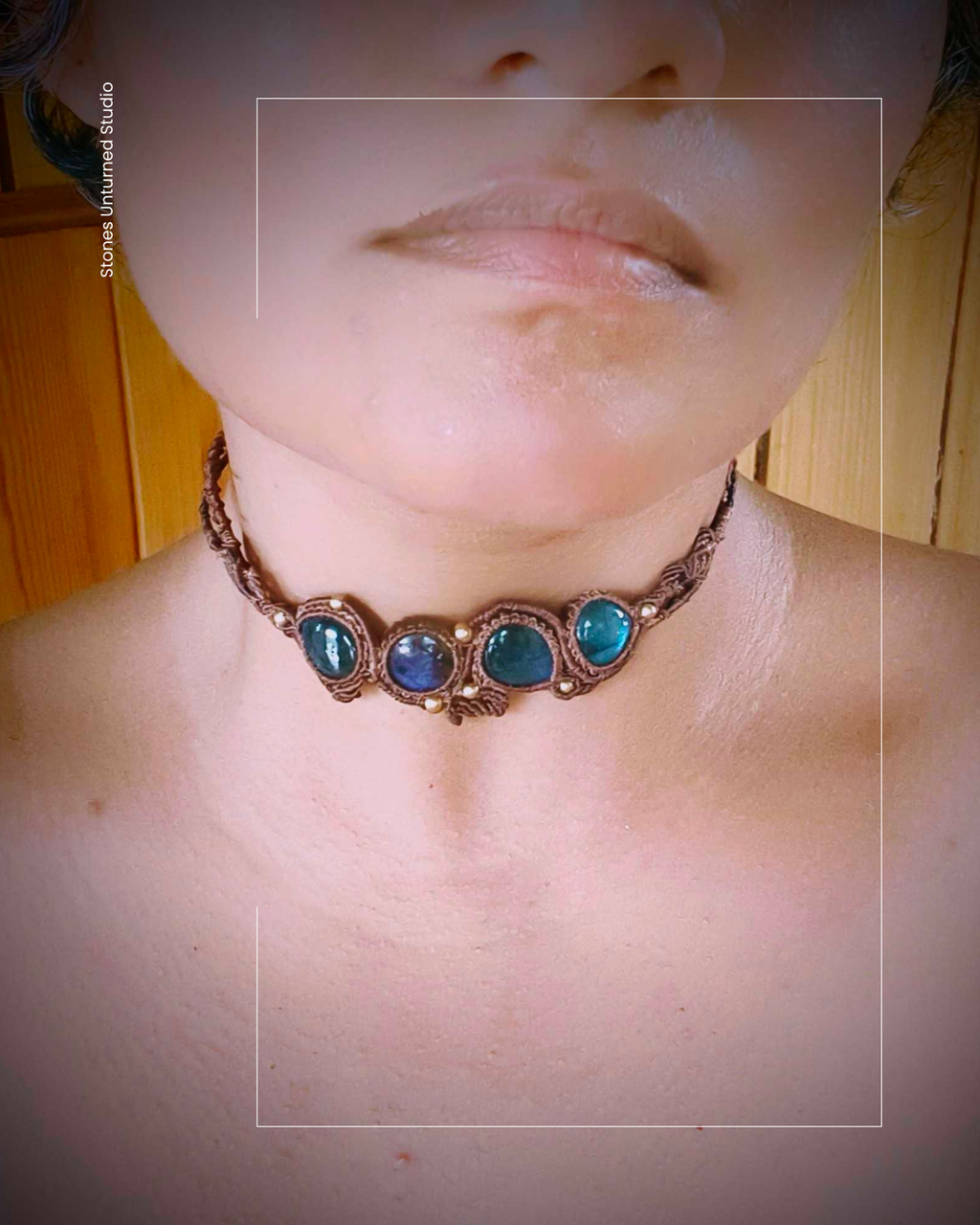 Handmade Necklace with blue natural gemstones worn by a person to show the real size