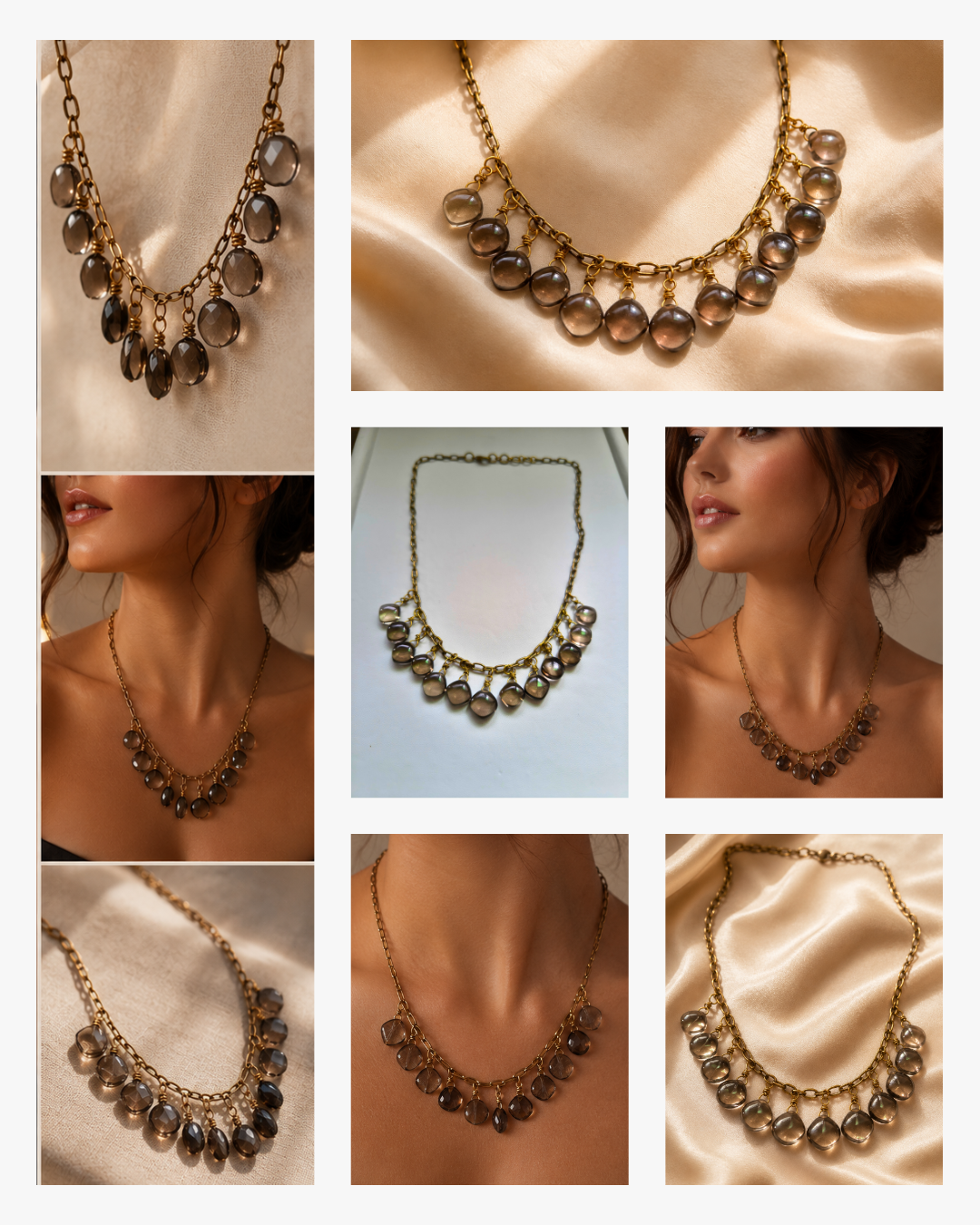 Adjustable handmade Smoky Quartz necklace designed with natural gemstones, antique brass chain, and secure lobster clasp closure.