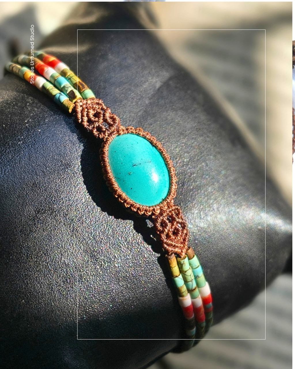 Bohemian style turquoise bracelet with colorful bead strands.
