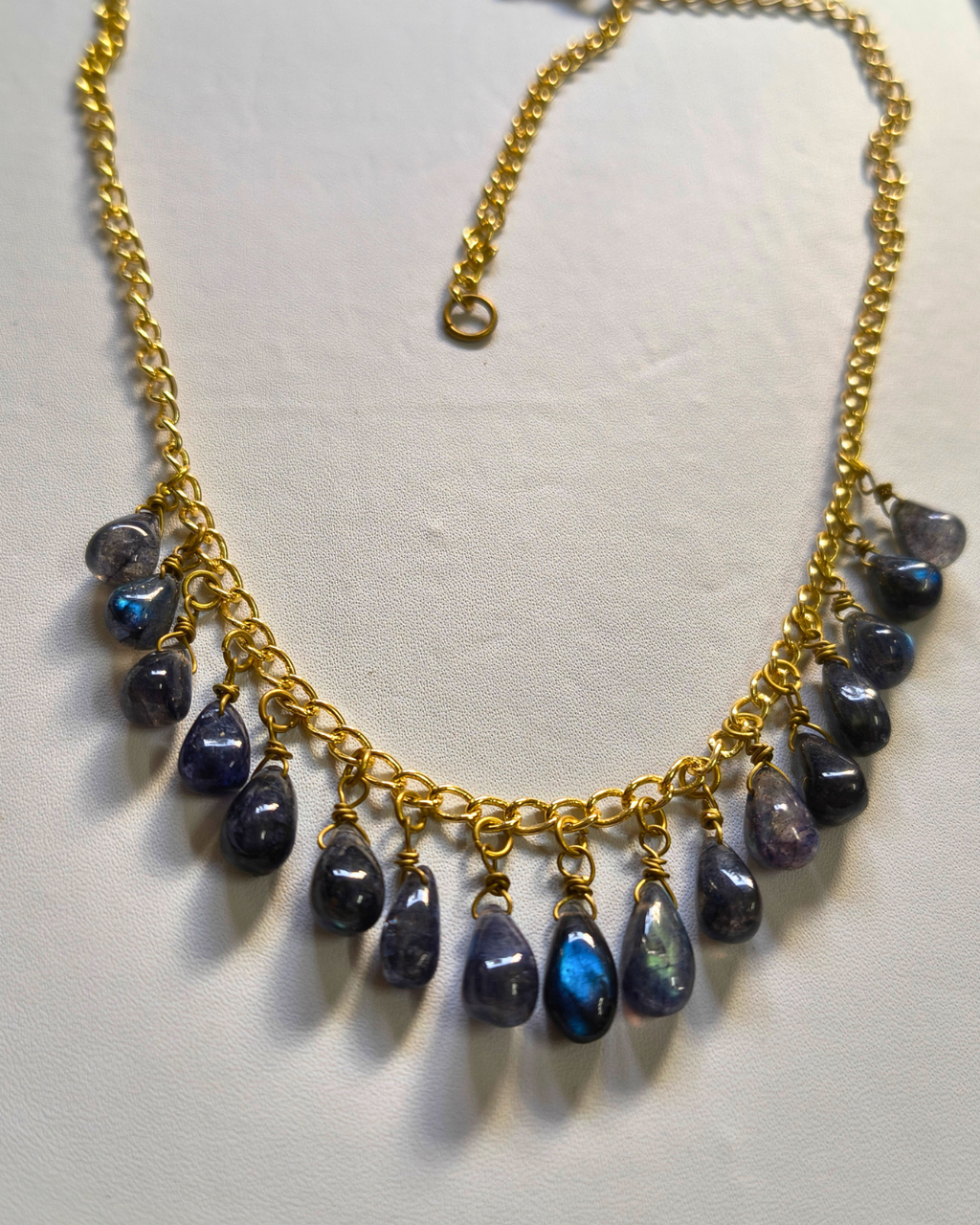 Labradorite gemstone necklace with shimmering blue flashes inspired by twilight skies and celestial beauty.