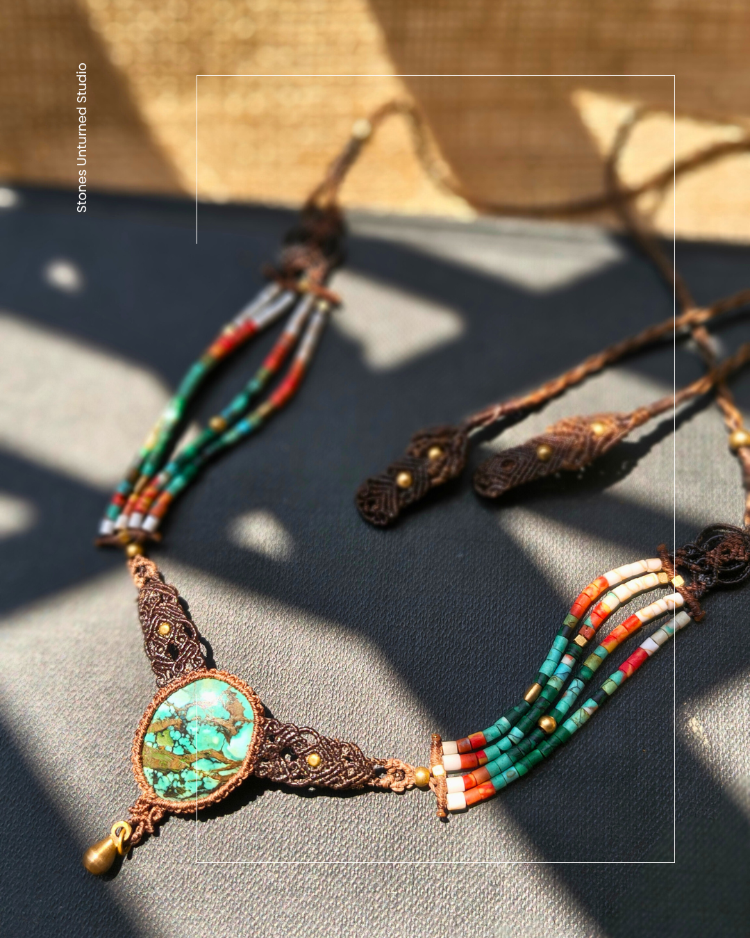 Handmade turquoise necklace with natural turquoise stone, micro macrame setting and colorful bead strands with brass accents