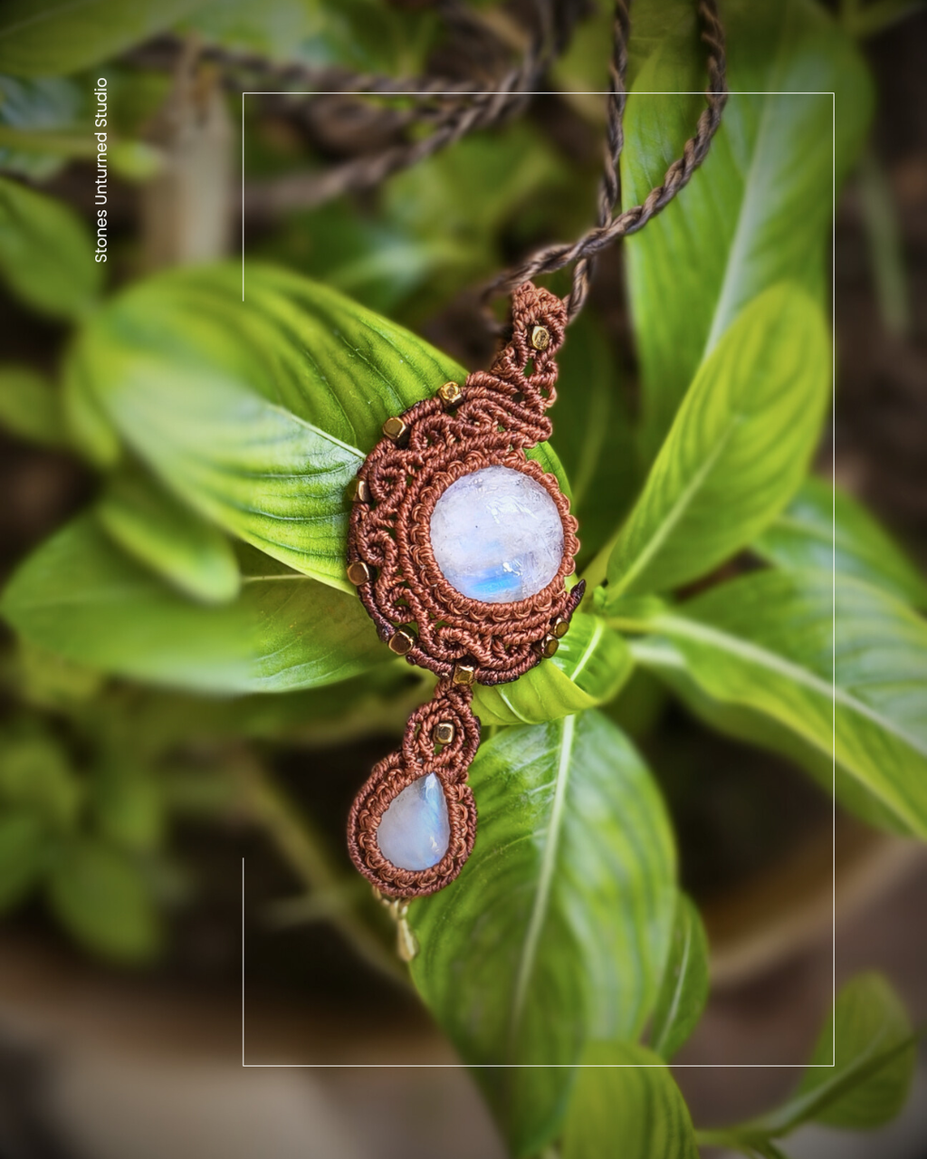 Moonstone Necklace with a wave pattern macrame design and a moonstone drop dangle