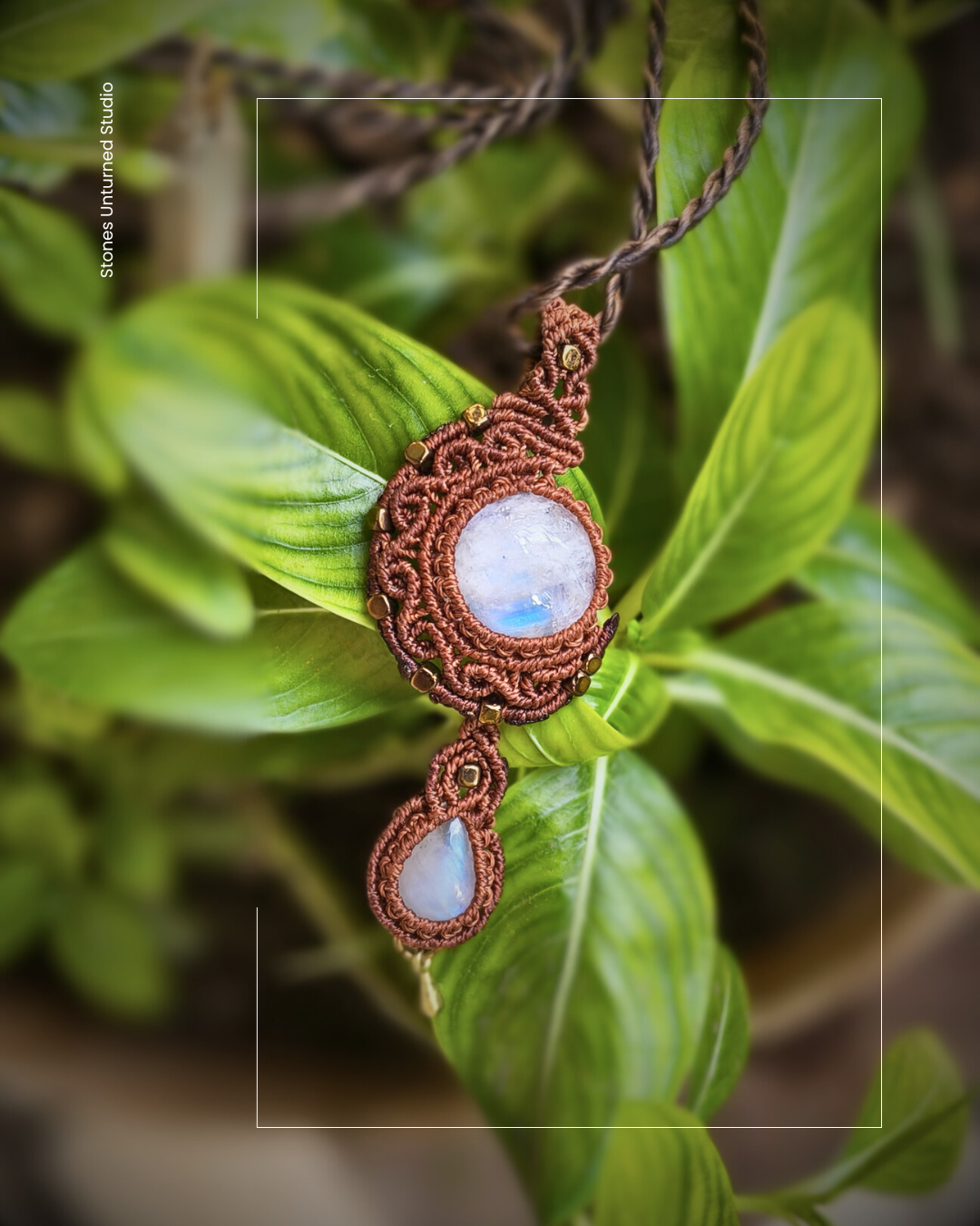 Moonstone Necklace with a wave pattern macrame design and a moonstone drop dangle