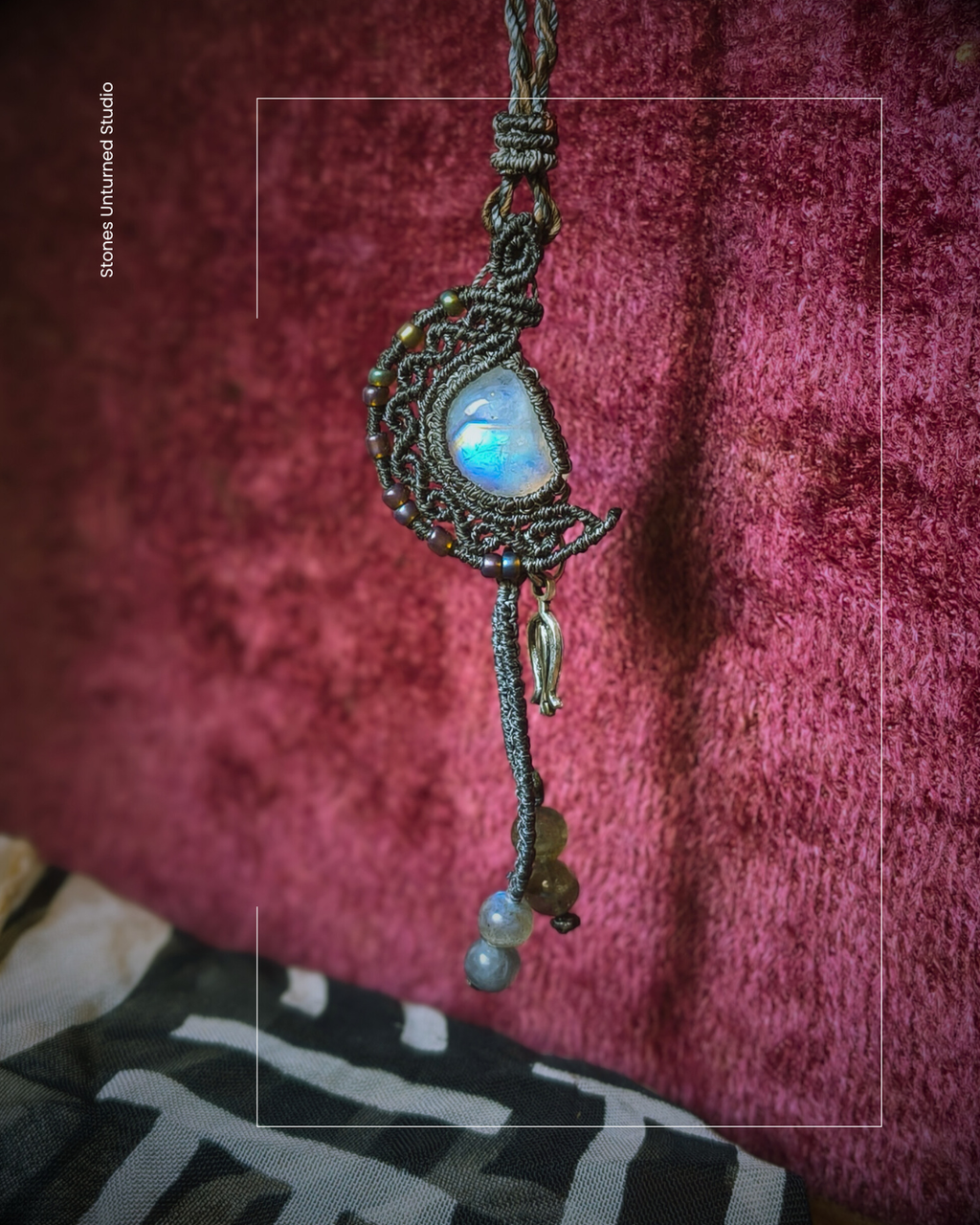 Natural moonstone crescent pendant necklace with decorative macramé knotwork