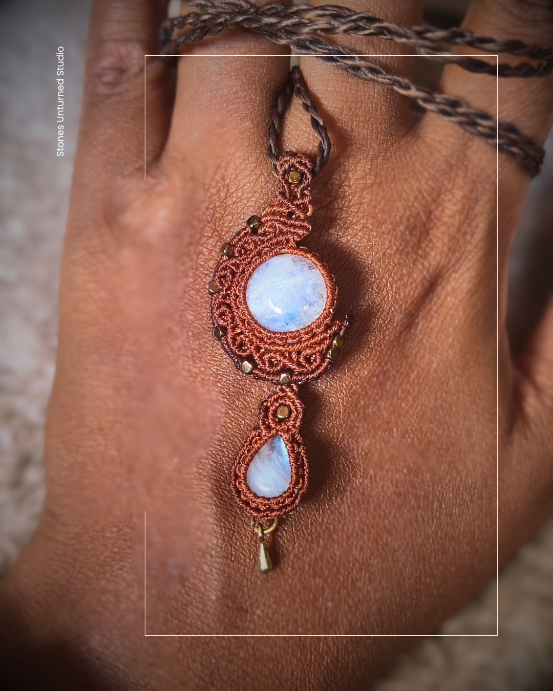 Handmade moonstone crescent pendant necklace with teardrop moonstone drop