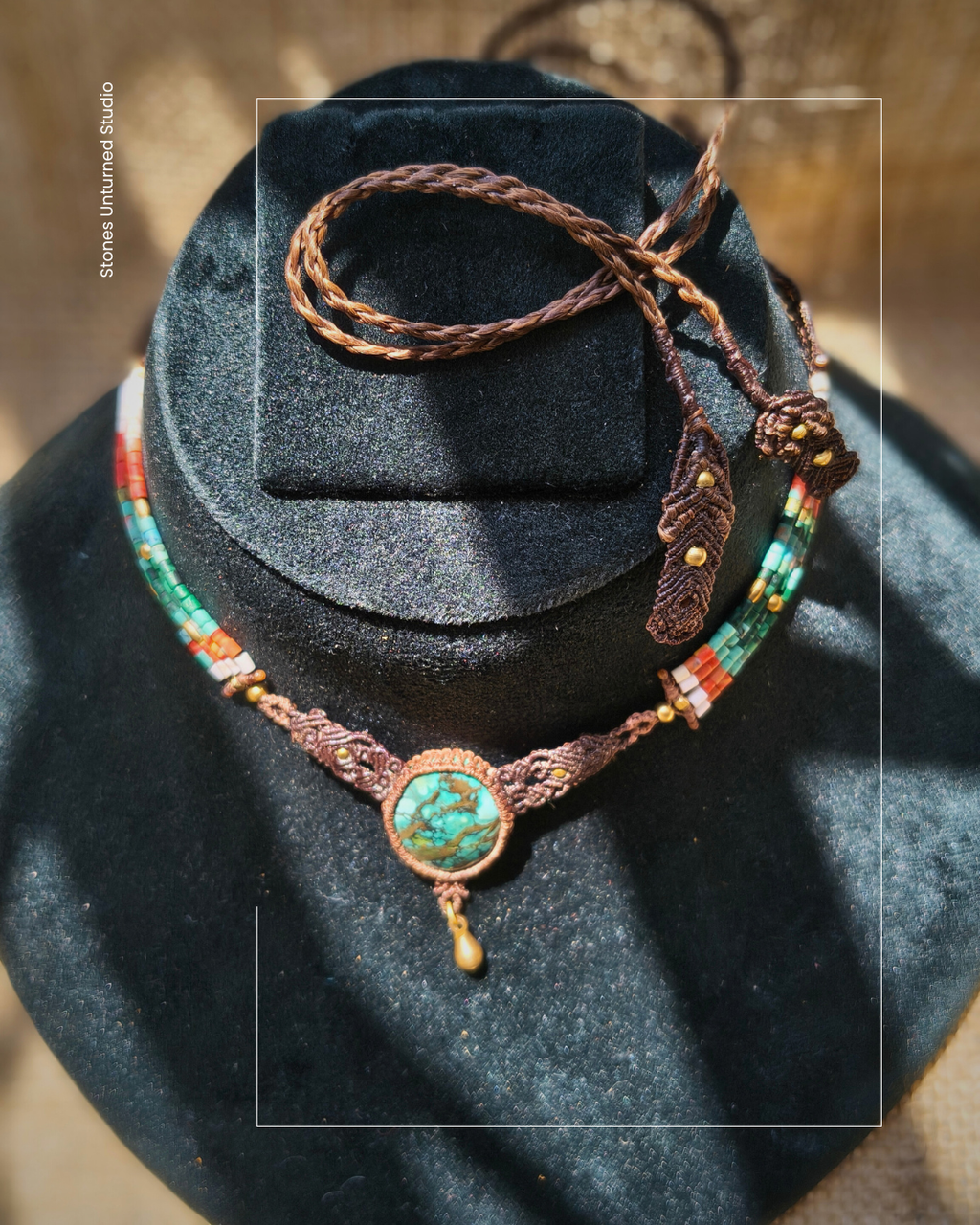 Boho turquoise macrame necklace with oval turquoise centerpiece and multicolor stone bead strands
