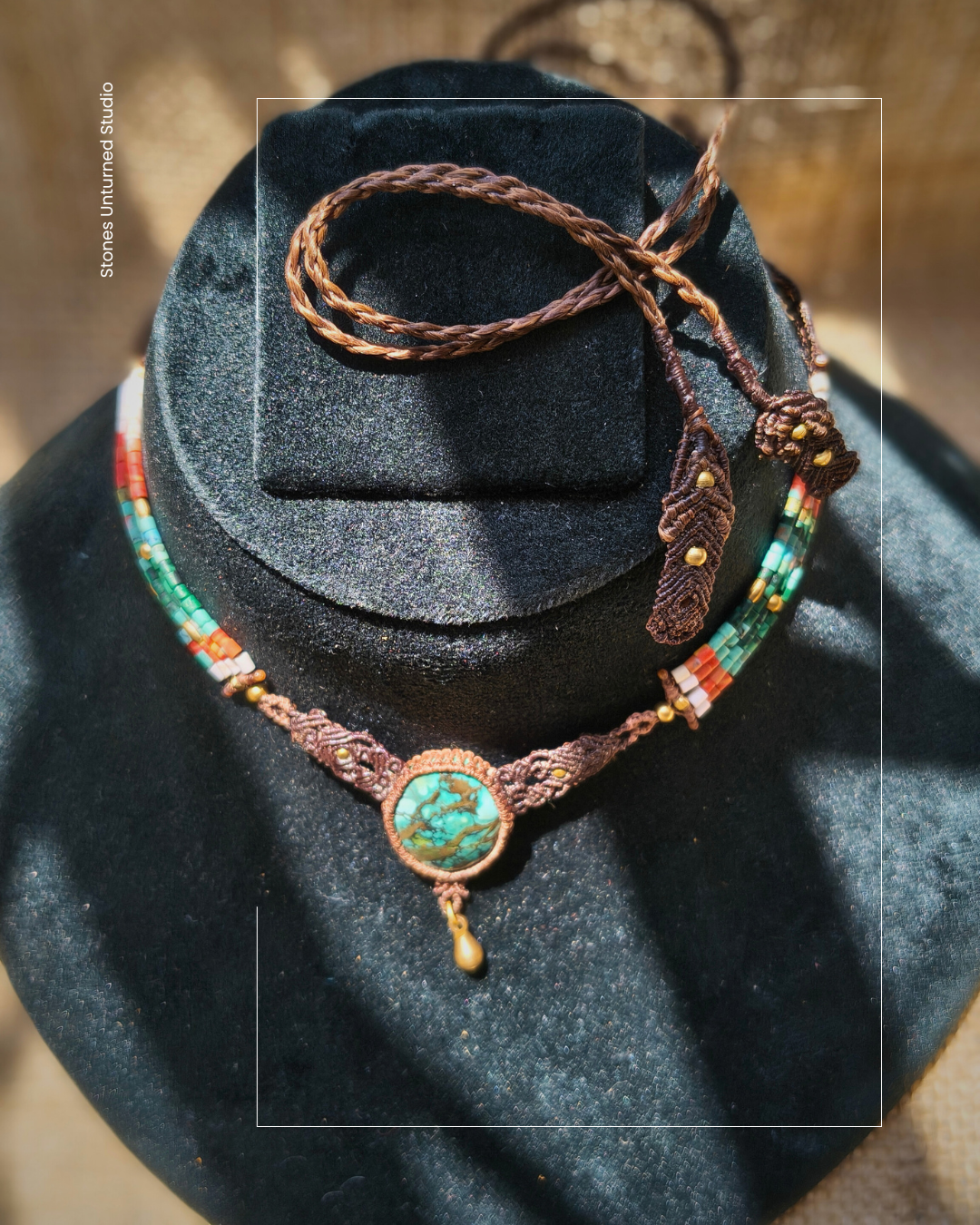 Boho turquoise macrame necklace with oval turquoise centerpiece and multicolor stone bead strands