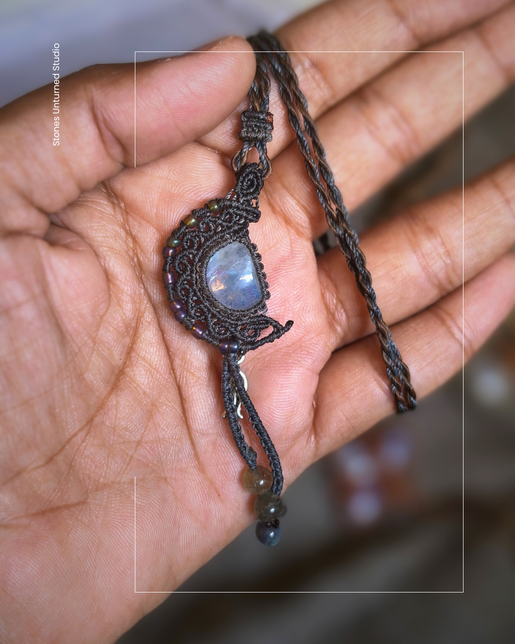 Artisan macramé moonstone pendant featuring crescent moon design with bead details
