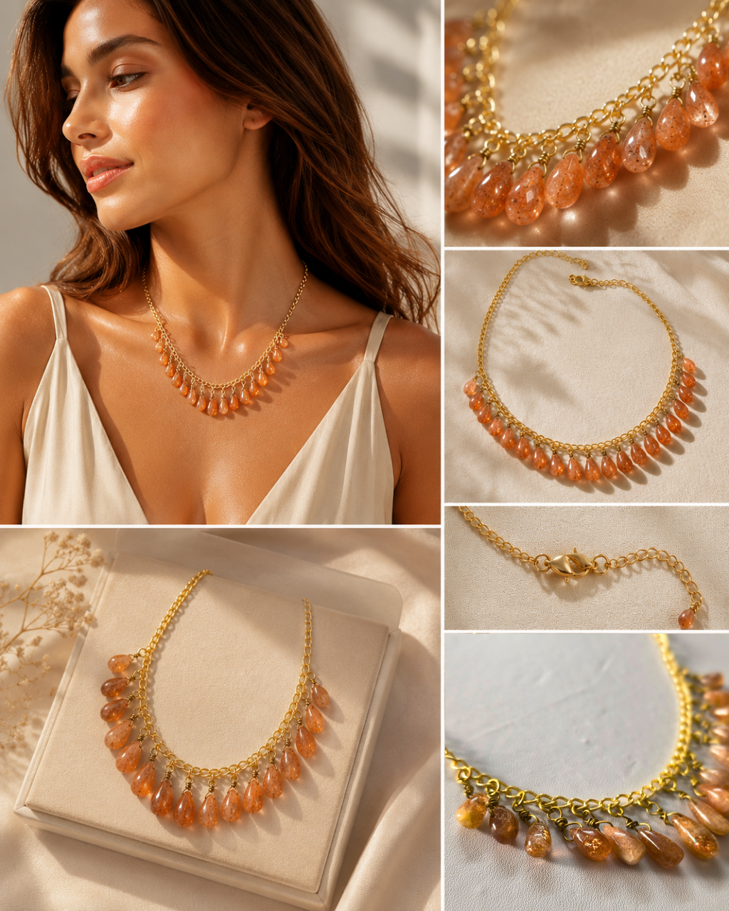 Lobster clasp and gold chain detail of the handmade Helia Sunstone Necklace.