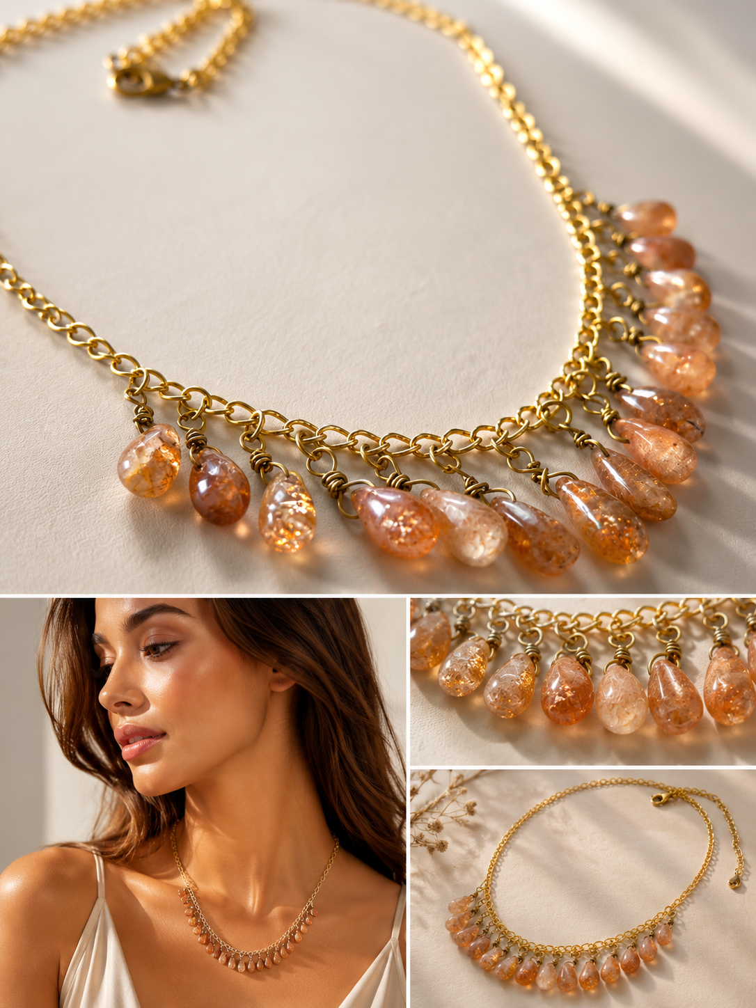 Woman wearing the Helia Sunstone Drop Necklace styled with a neutral outfit.