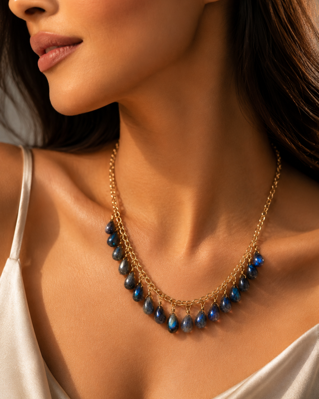 Natural labradorite gemstone necklace worn by model, highlighting the graceful cascade design and blue gemstone flashes.