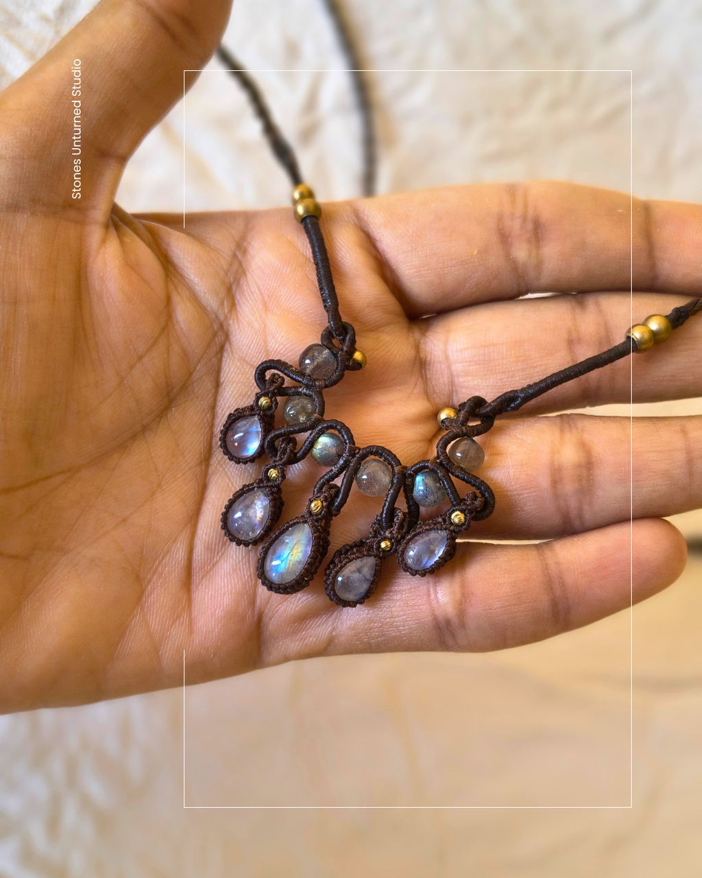 Feminine handmade moonstone necklace with labradorite accents.
