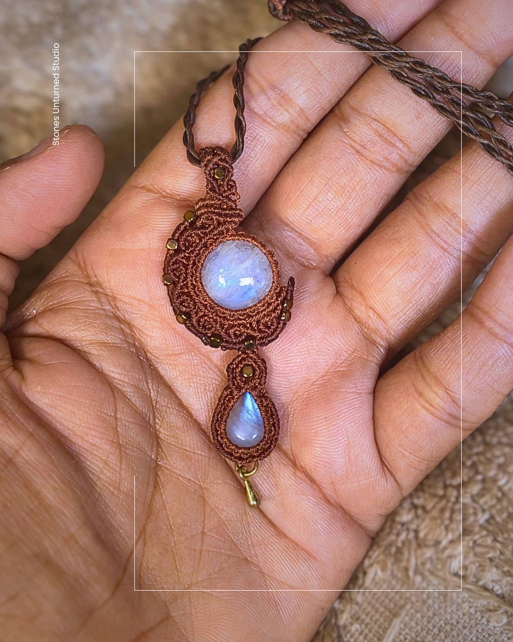 Handmade macramé crescent moon pendant with natural moonstone and teardrop moonstone gemstone