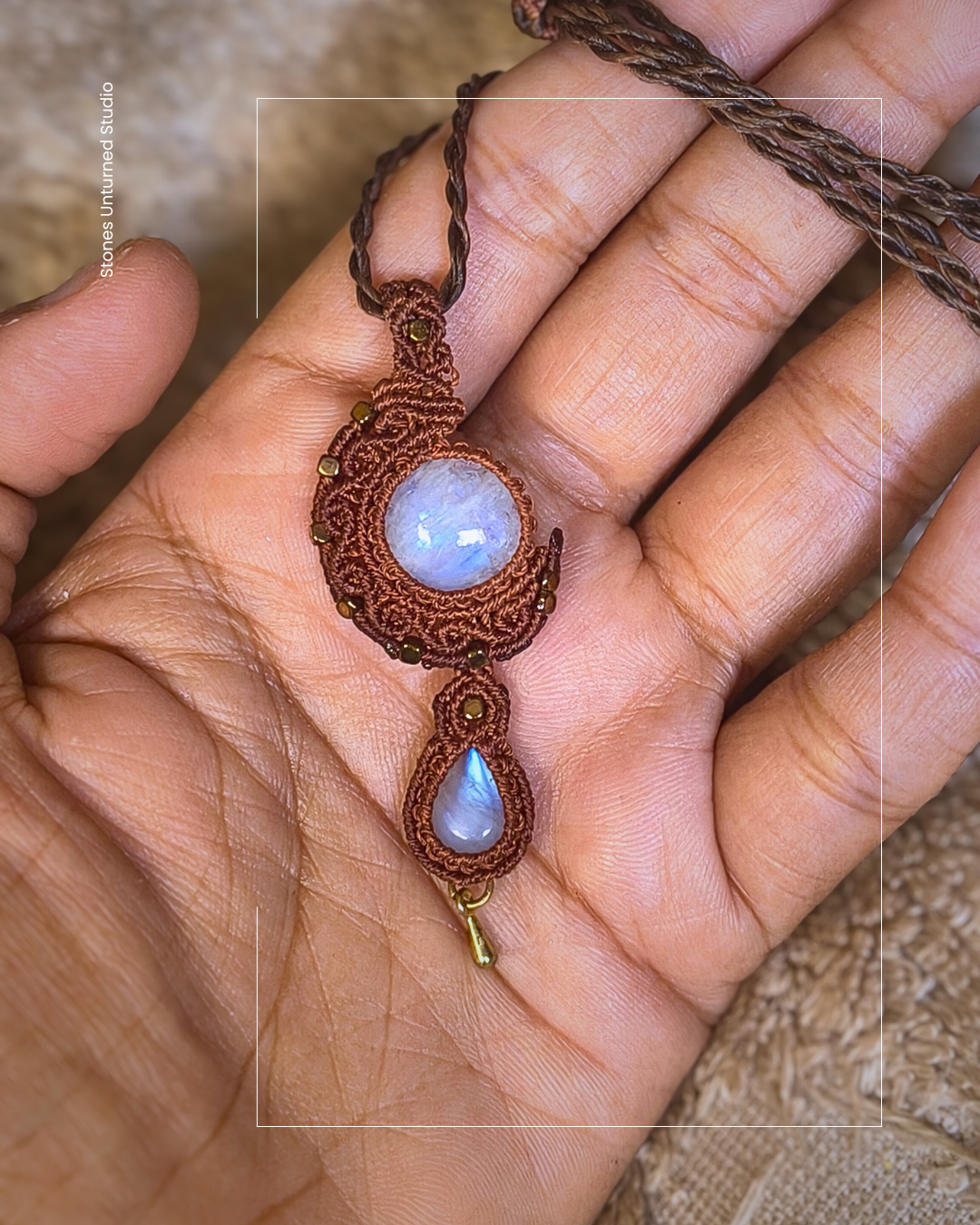 Handmade macramé crescent moon pendant with natural moonstone and teardrop moonstone gemstone