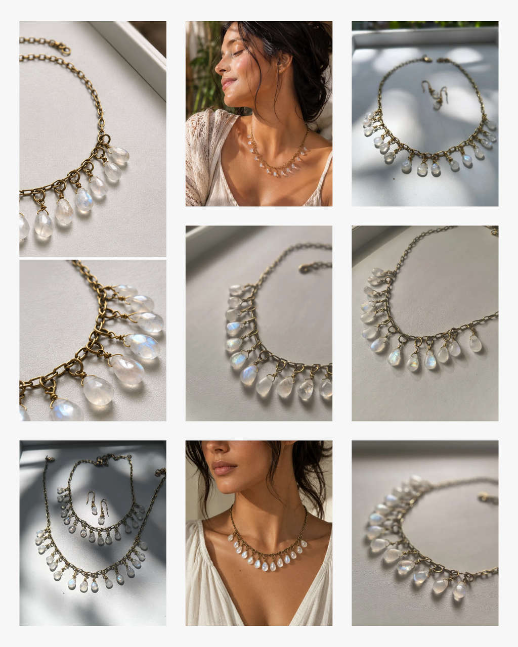 Detailed view of natural rainbow moonstone drops on handcrafted brass chain necklace.