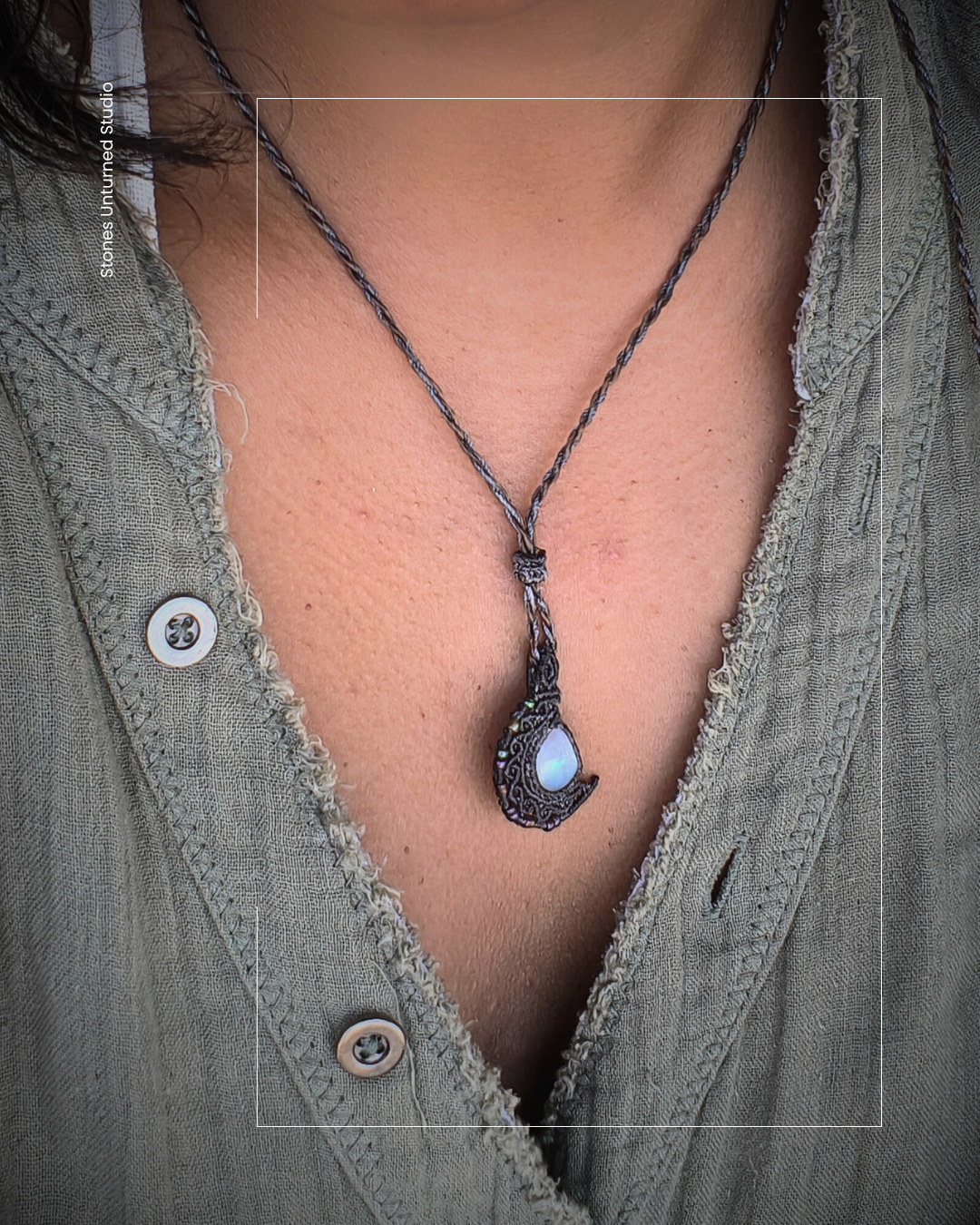 Bohemian moonstone crescent necklace handwoven with dark macramé cord and natural gemstone