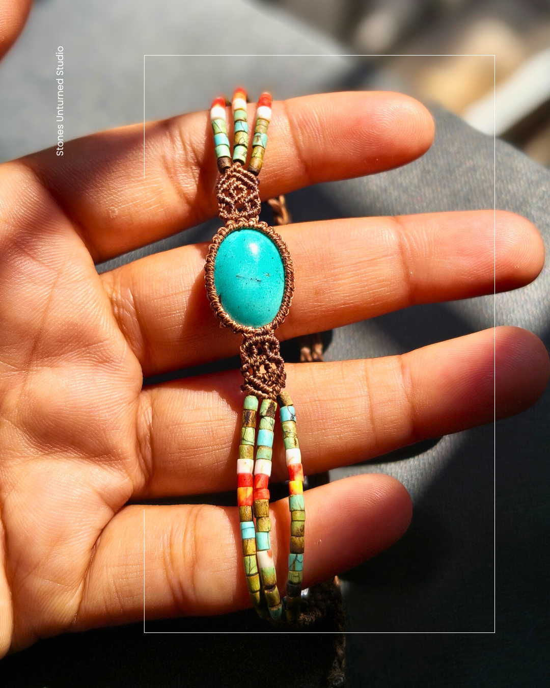 Artisan boho bracelet featuring bright turquoise centerpiece.