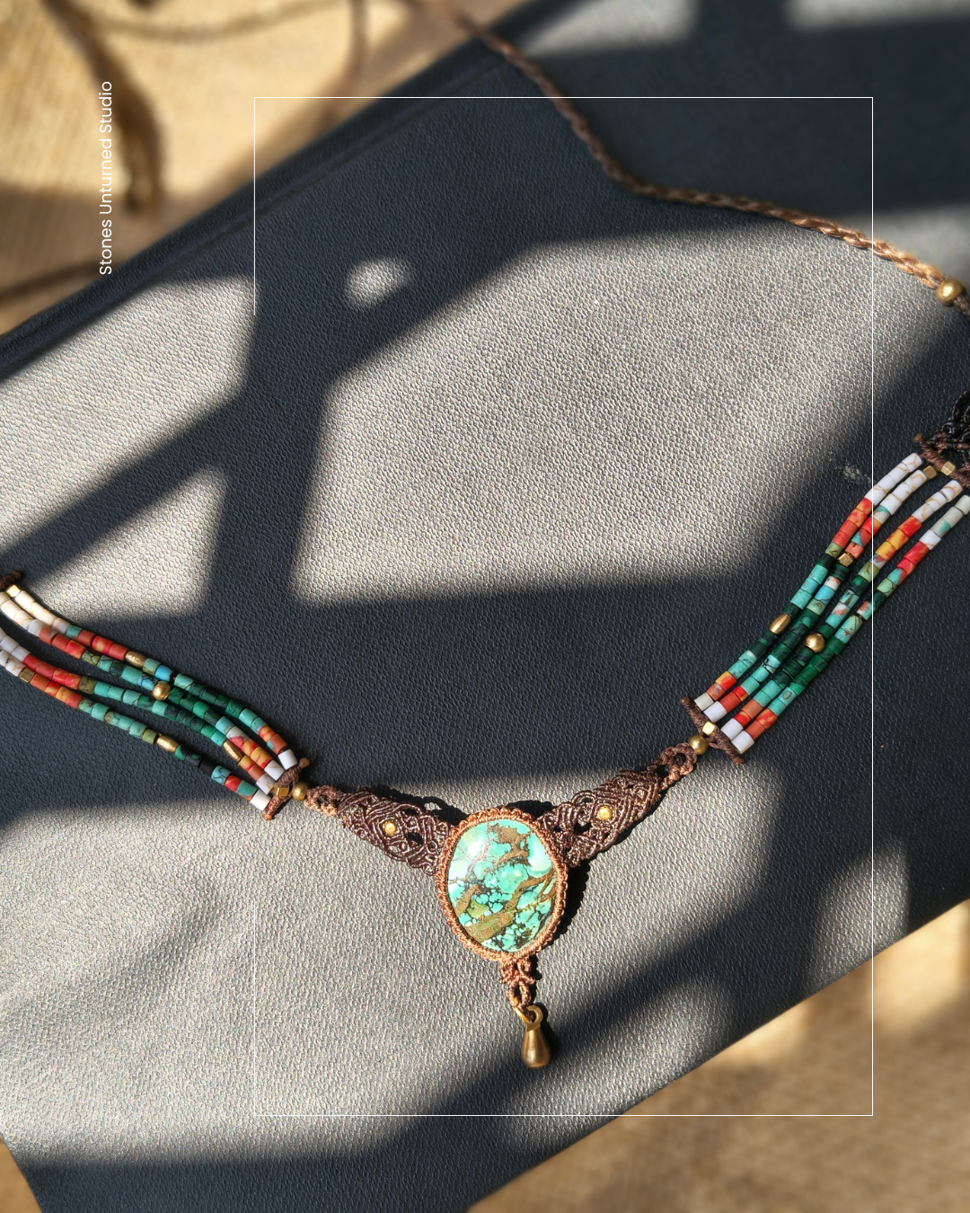 Handcrafted turquoise necklace with colorful natural stone beads from Turkey and micro macrame design