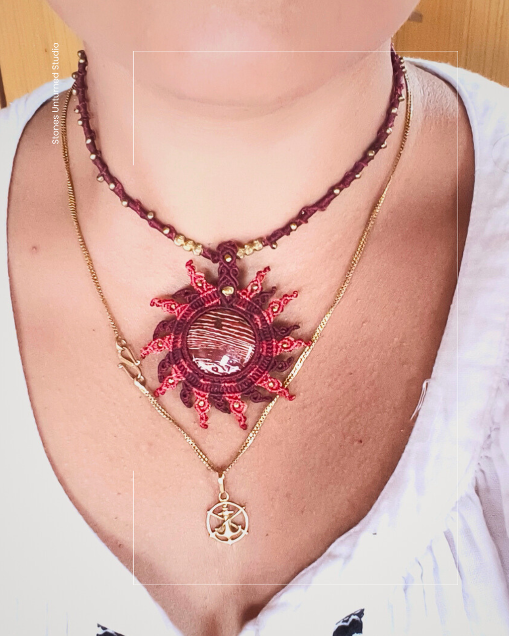 Boho sun pendant necklace with circular rainbow jasper stone best for layering or everyday wear