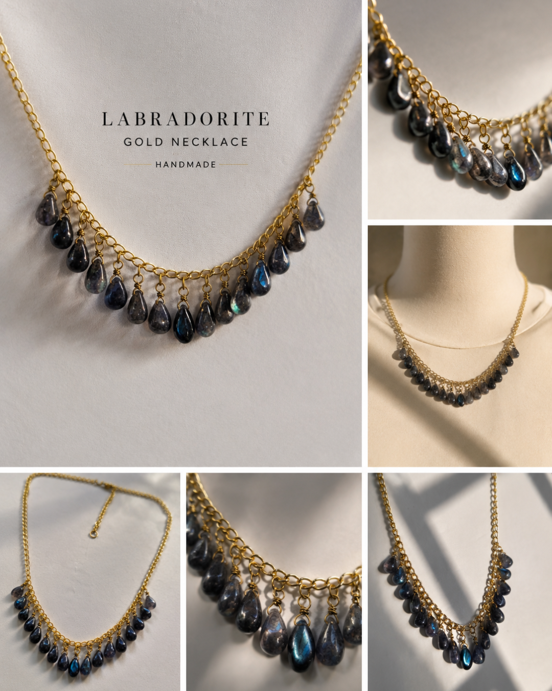 Handmade Selene Twilight Drops Necklace featuring natural labradorite teardrop gemstones hand wrapped in brass wire on a brass chain.