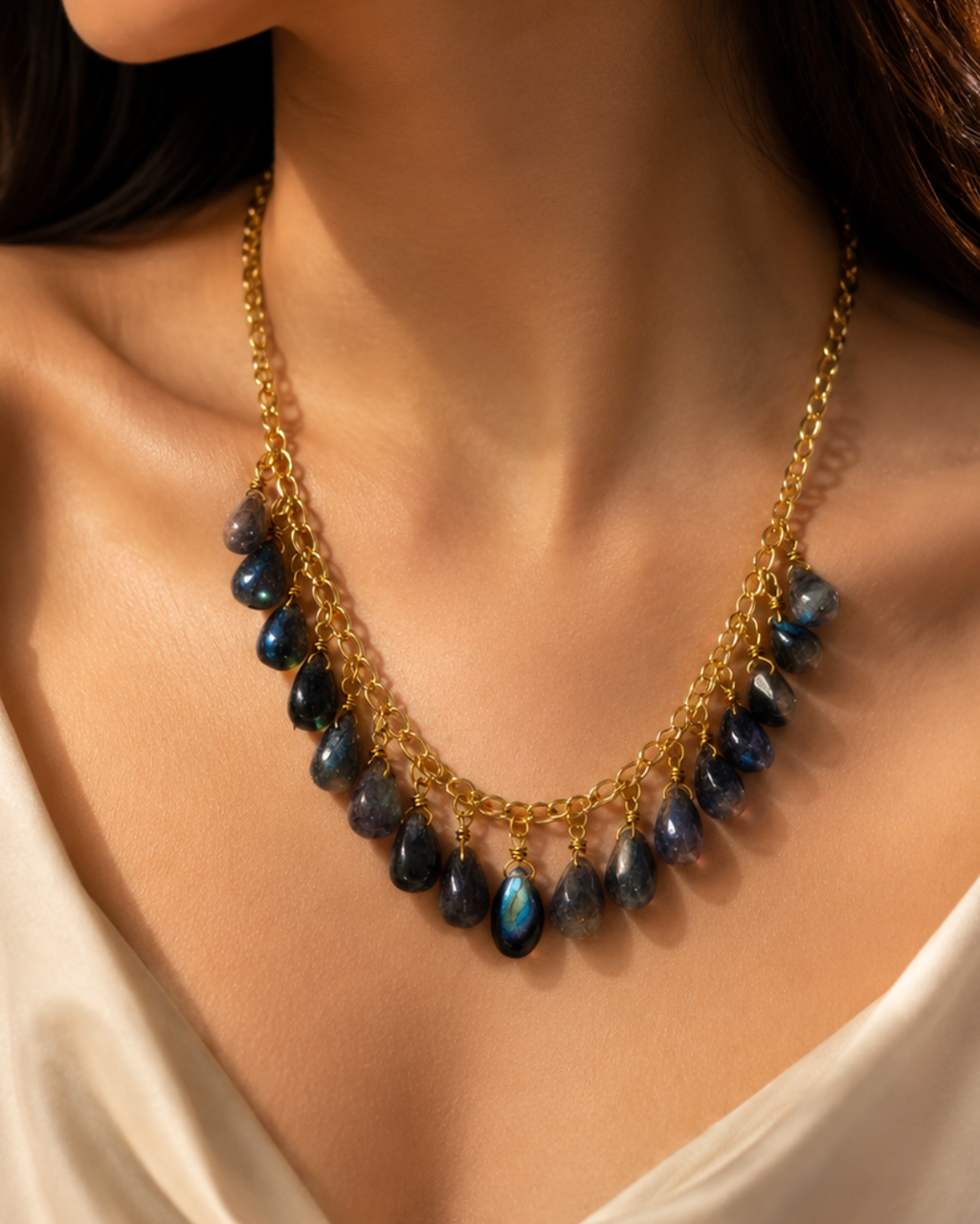 Model wearing handmade labradorite drop necklace with brass chain, styled for everyday elegance and special occasions.