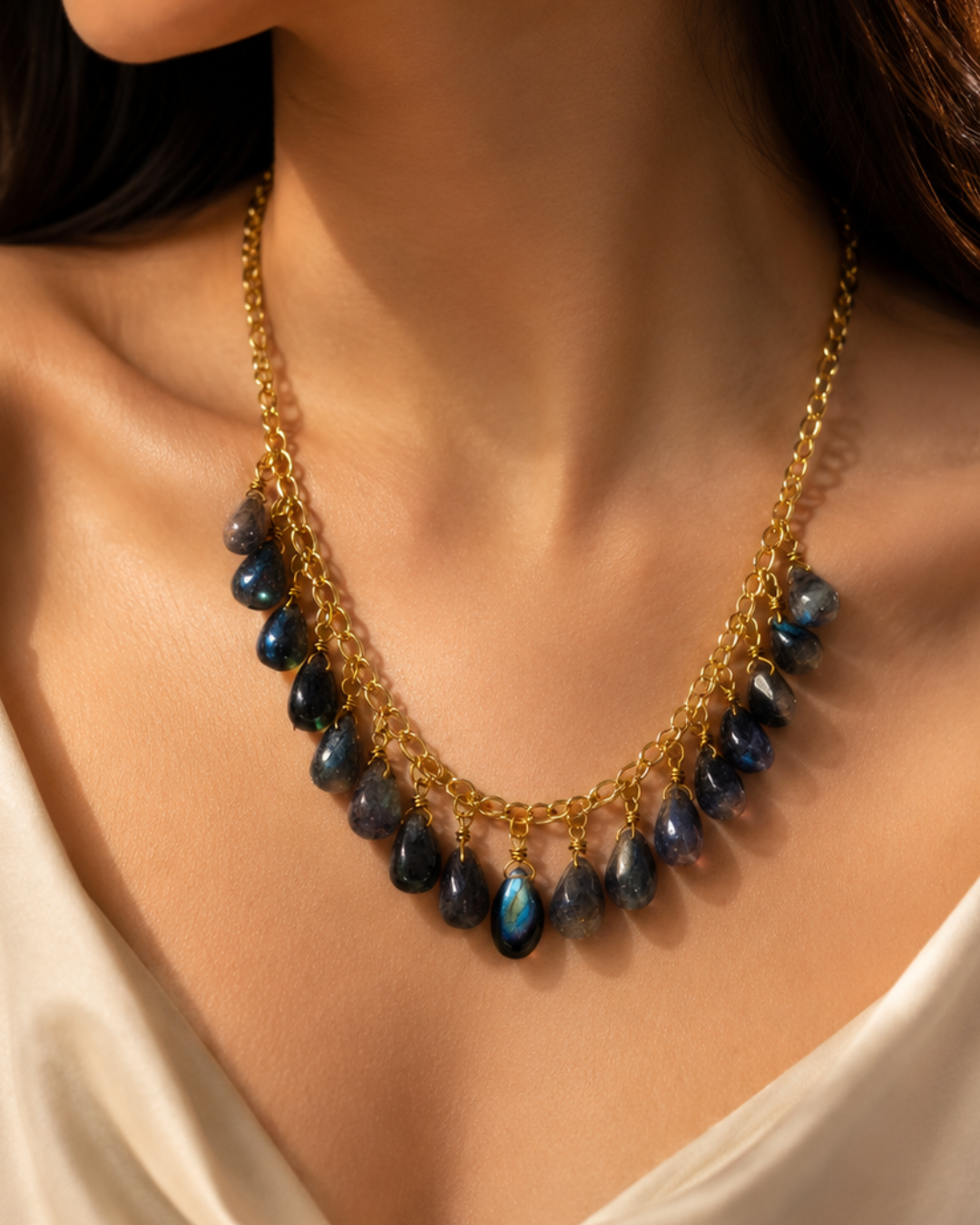 Model wearing handmade labradorite drop necklace with brass chain, styled for everyday elegance and special occasions.