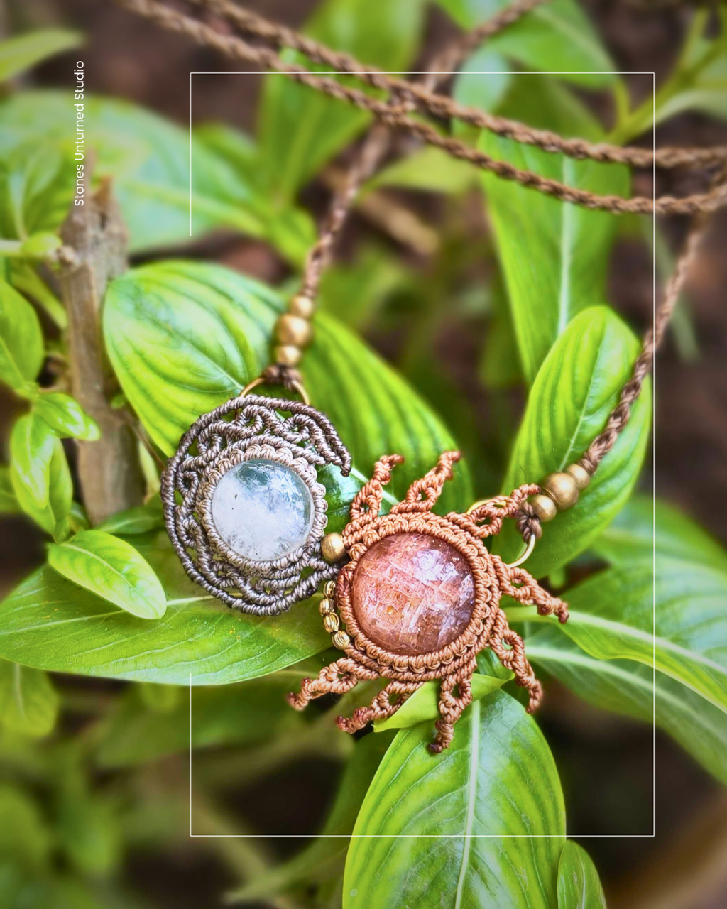 Boho sun and moon macrame necklace with celestial design, copper knotwork, and natural gemstones.