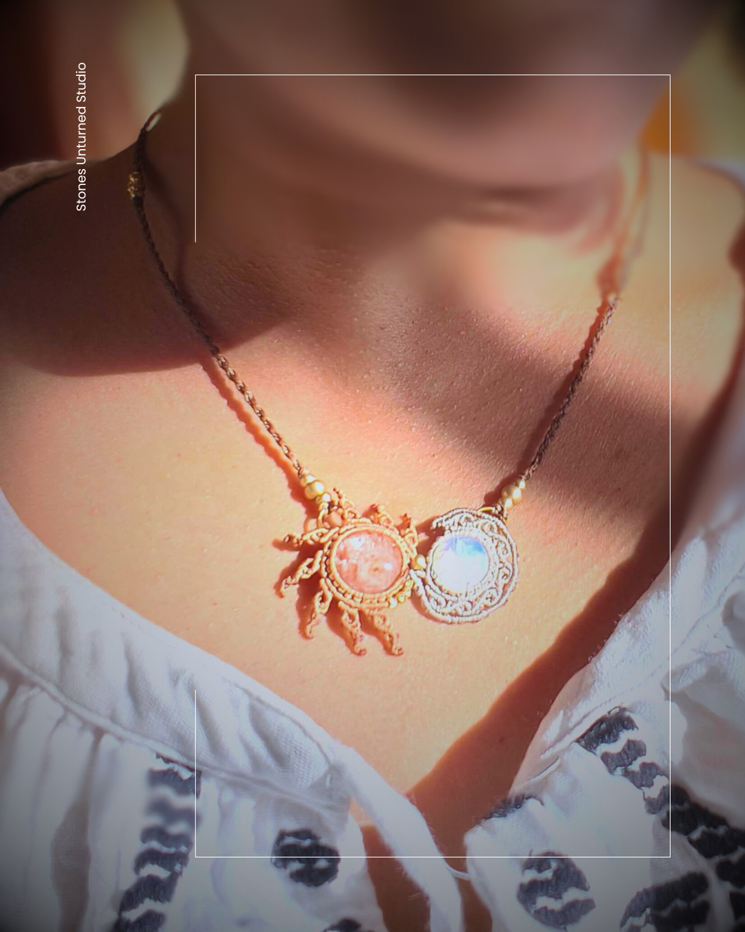 Adjustable braided cord of handmade macrame necklace with gold bead detail and sliding closure.