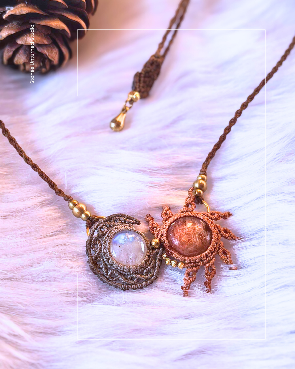 Handmade macrame sun and moon pendant with rainbow moonstone and sunstone on a braided cord necklace.