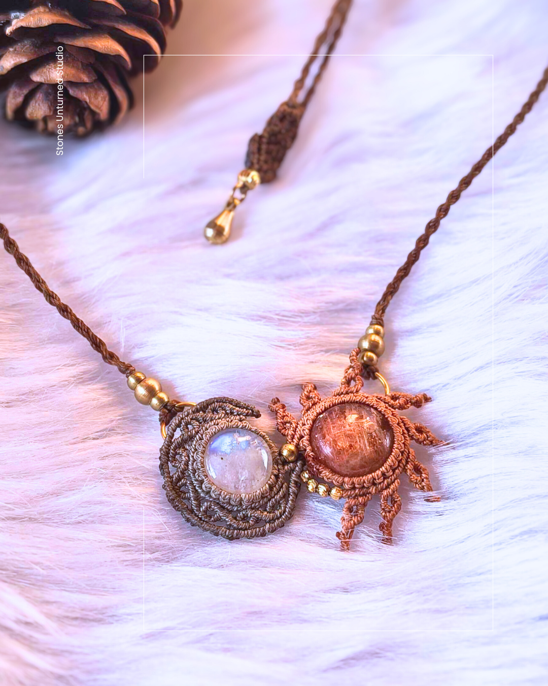 Handmade macrame sun and moon pendant with rainbow moonstone and sunstone on a braided cord necklace.