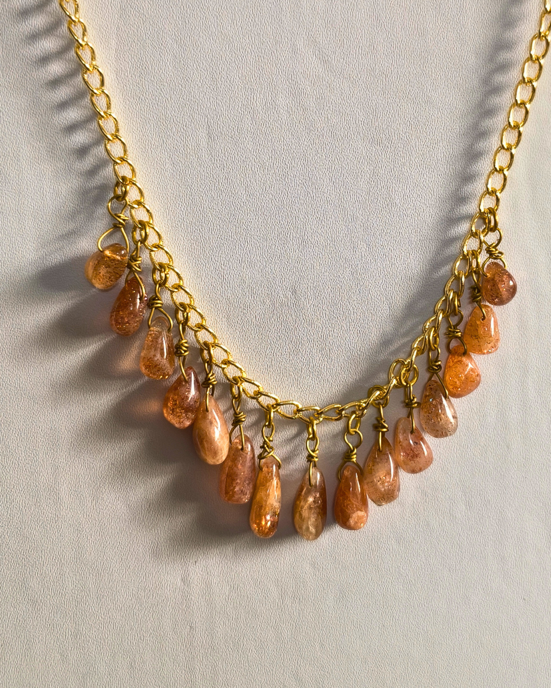 Macro photograph showing the natural sparkle and inclusions inside sunstone gemstones.