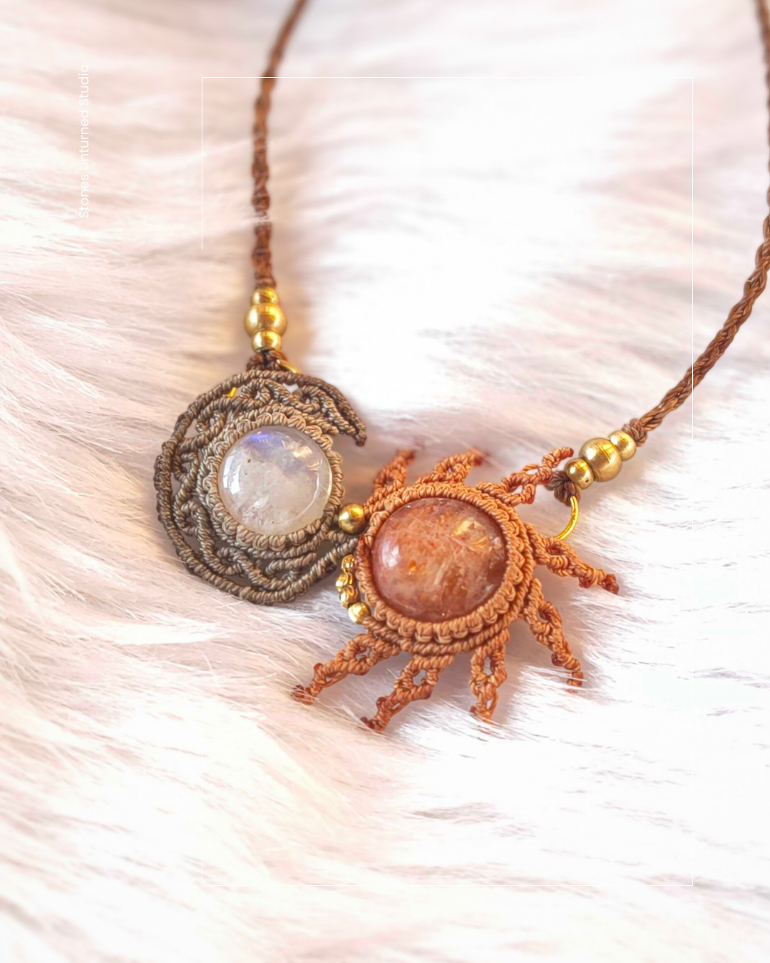 Close-up of macrame sun and moon pendant featuring glowing moonstone and sparkling sunstone gemstones and brass beads