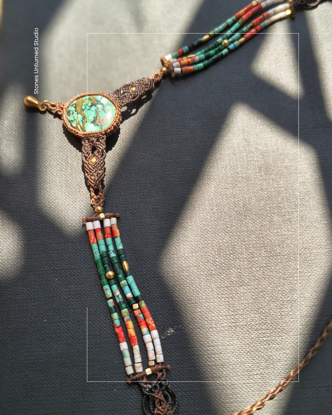 Boho Indian inspired turquoise choker necklace with stone beads and brass accents
