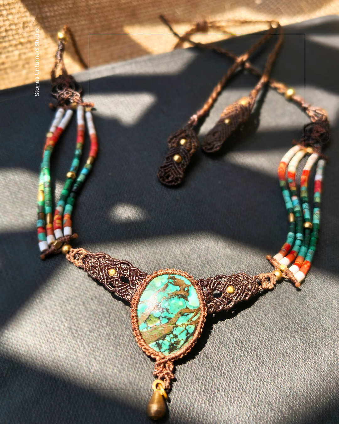 Close-up of natural turquoise pendant with intricate micro macrame details and natural beads