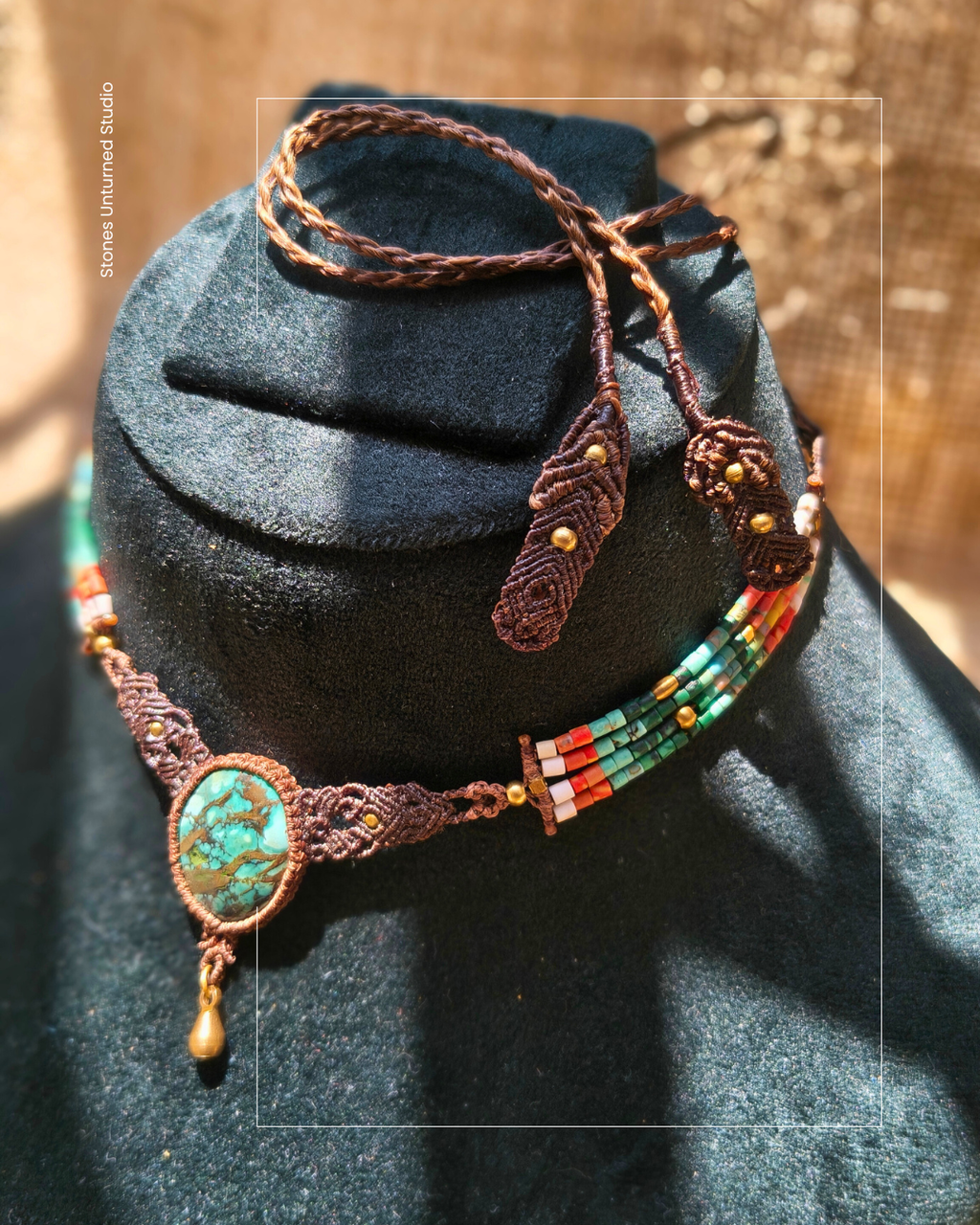 Vintage inspired turquoise necklace with colorful stone beads from Turkey and artisan macrame design