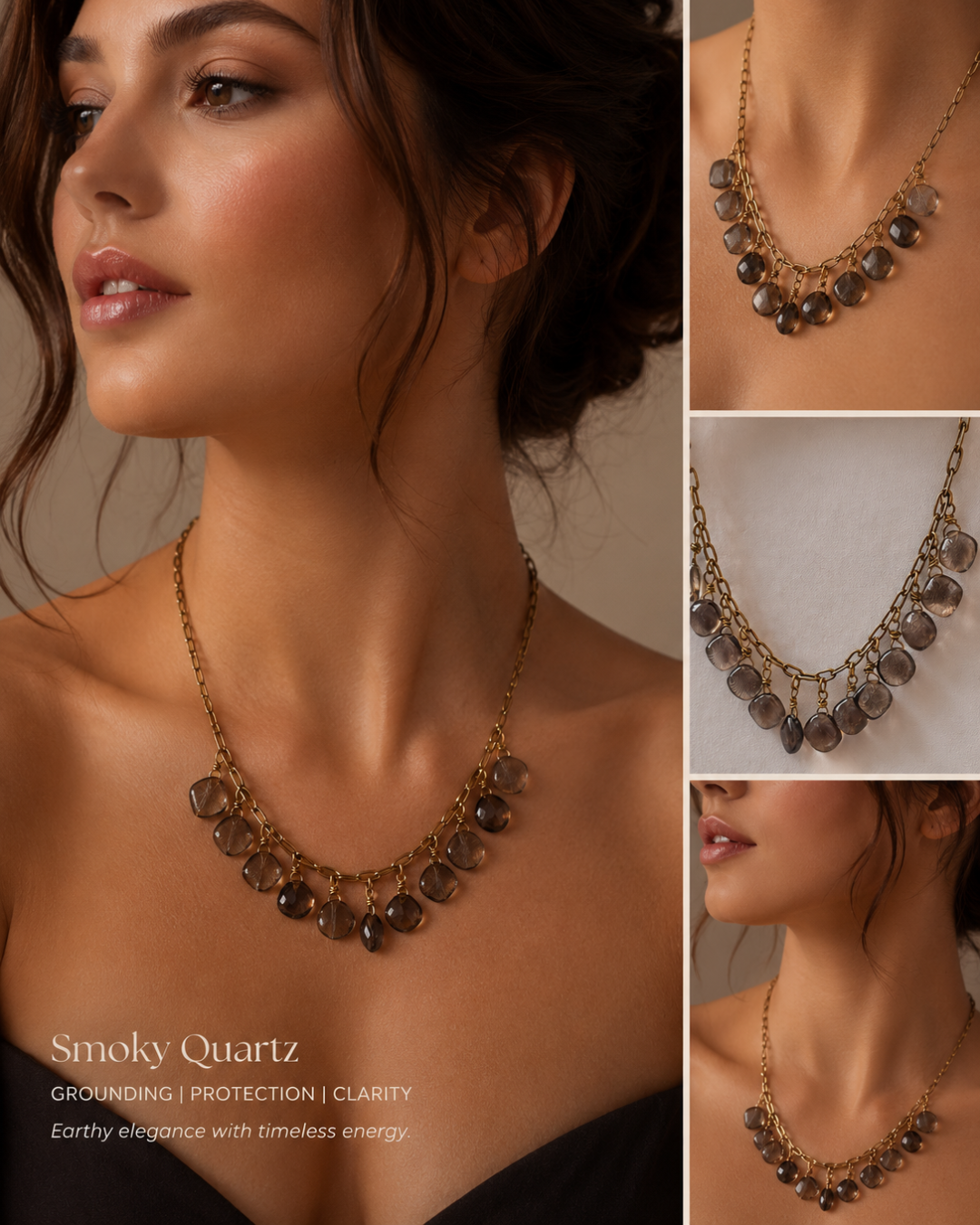 Model wearing the Hecate Smoky Quartz Necklace showcasing cascading Brazilian Smoky Quartz gemstones and antique brass chain styling.