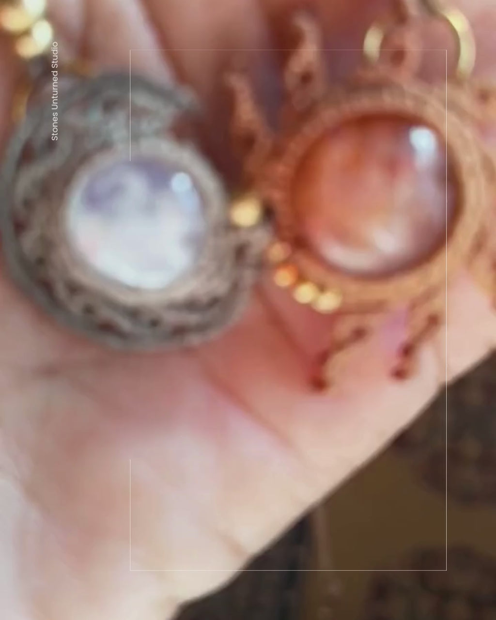 Video of handcrafted sun and moon macrame pendant showing moonstone glow and sunstone sparkle in natural light.